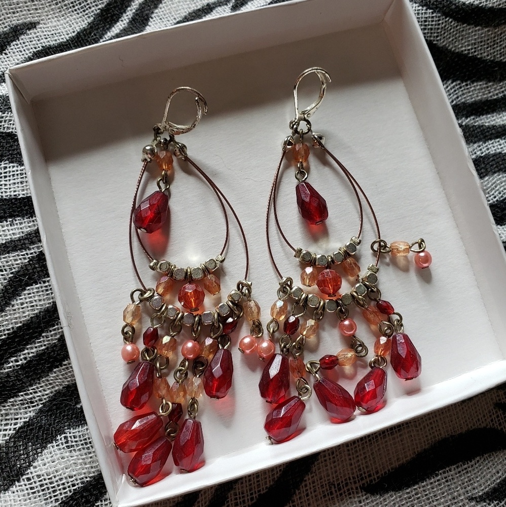 Red Beaded Chandelier Earrings